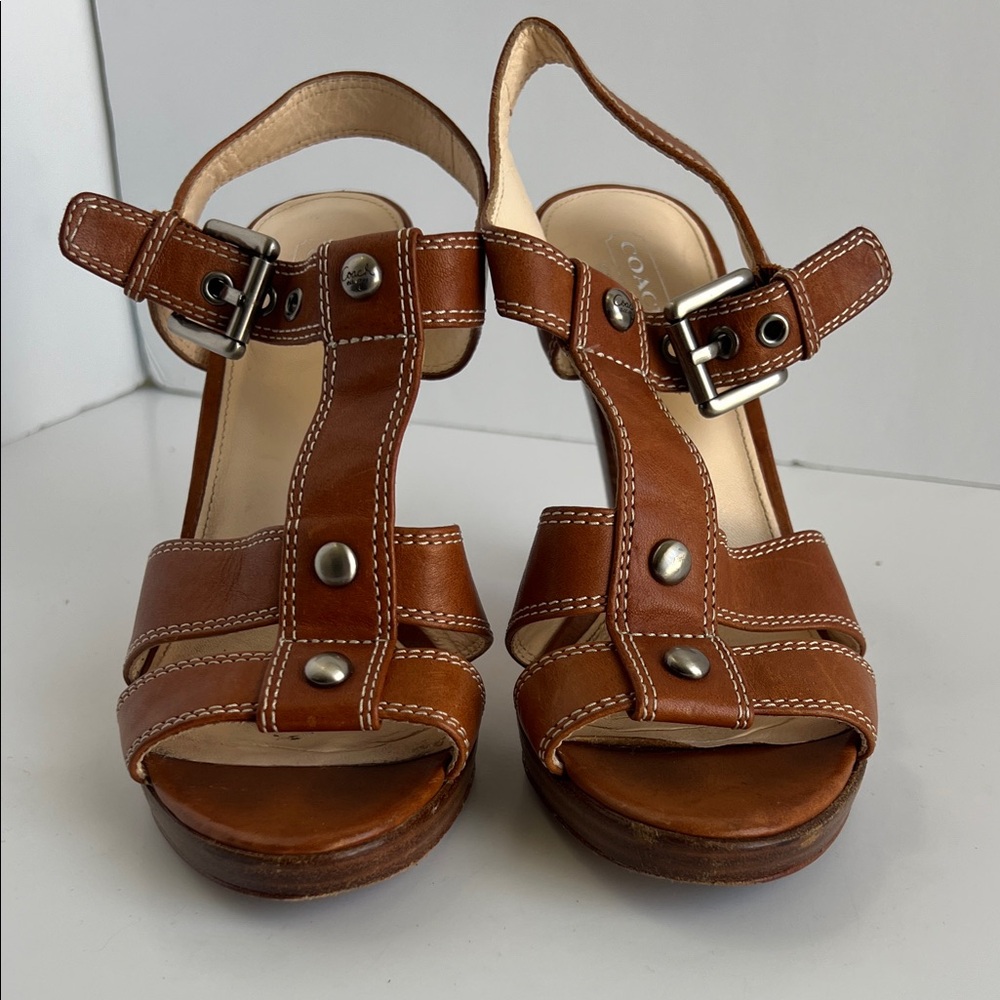 Coach Tan Leather Sandals with Buckle Detail